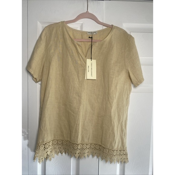 Terzo Millennio Tops - Terzo Millennio Womens Large Tan Tunic NEW Lace Hem Lagom Clean Girl